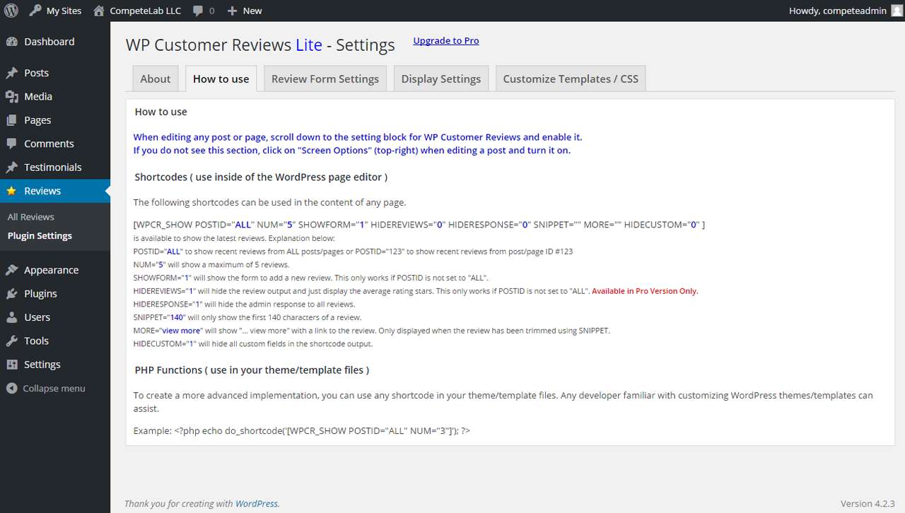 WP Customer Reviews plugin settings panel in WordPress admin showing configuration tabs
