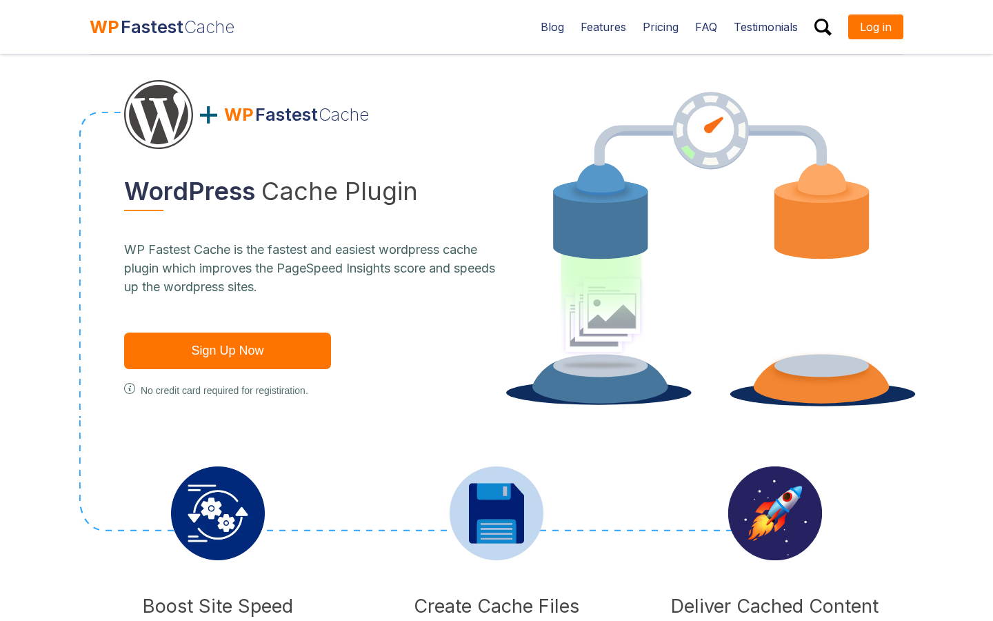 WP Fastest Cache official homepage showing the headline WordPress Cache Plugin, the subheadline describing the plugin as the fastest and easiest WordPress cache plugin, and the Sign Up Now button with a no-credit-card note.