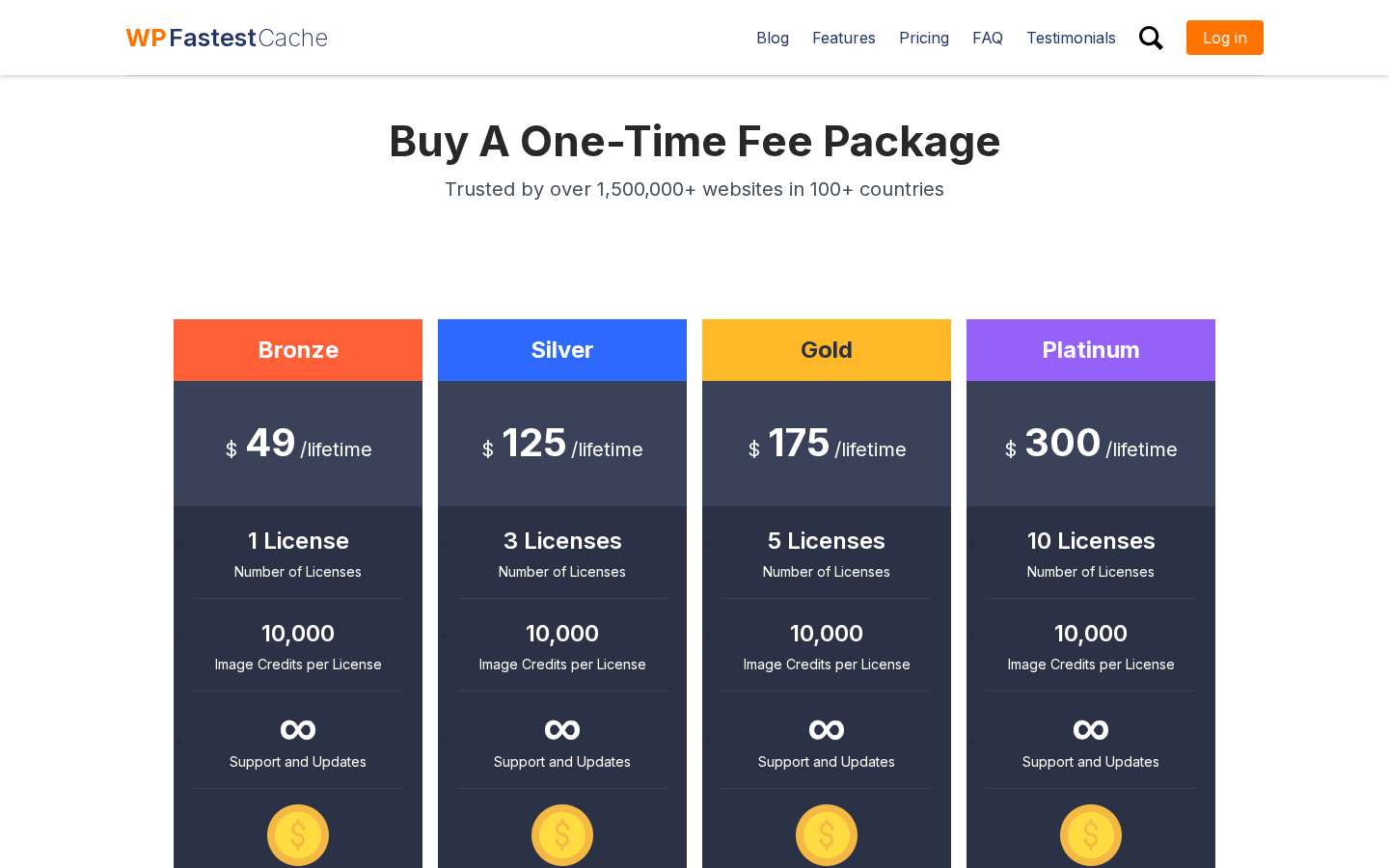 WP Fastest Cache pricing page showing four lifetime packages: Bronze at $49 for 1 license with 10,000 image credits, Silver at $125 for 3 licenses, Gold at $175 for 5 licenses, and Platinum at $300 for 10 licenses. All tiers include infinite support and updates.