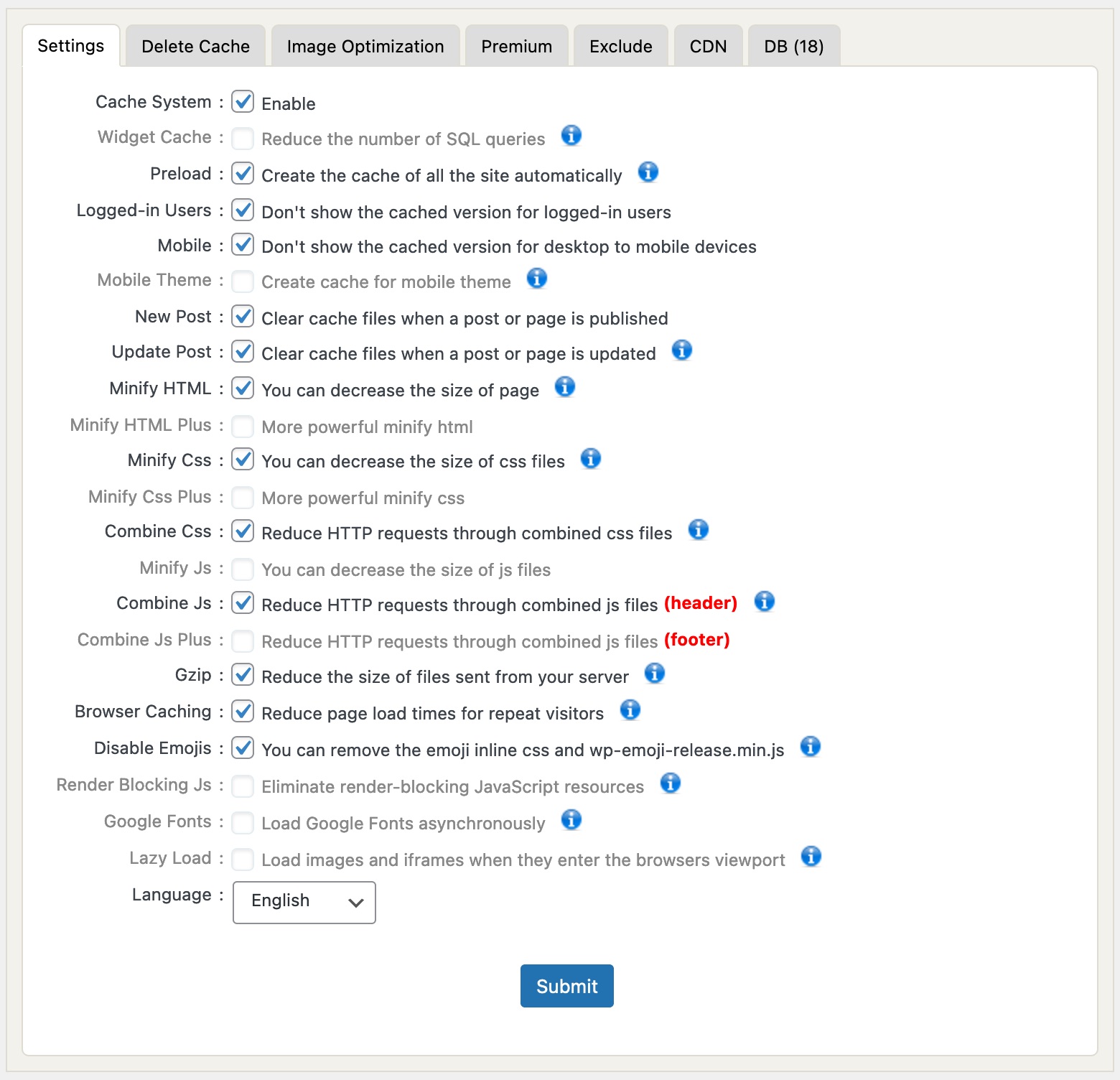 WP Fastest Cache main Settings tab in WordPress admin showing the checkbox list with options including Cache System, Widget Cache, Preload, Logged-in Users, Mobile, Mobile Theme, New Post, Update Post, Minify HTML, Minify HTML Plus, Minify CSS, Minify CSS Plus, Combine CSS, Minify JS, Combine JS (header), Combine JS Plus (footer), Gzip, Browser Caching, Disable Emojis, Render Blocking JS, Google Fonts, Lazy Load, and Language selector. The tab row at the top shows Settings, Delete Cache, Image Optimization, Premium, Exclude, CDN, and DB tabs.