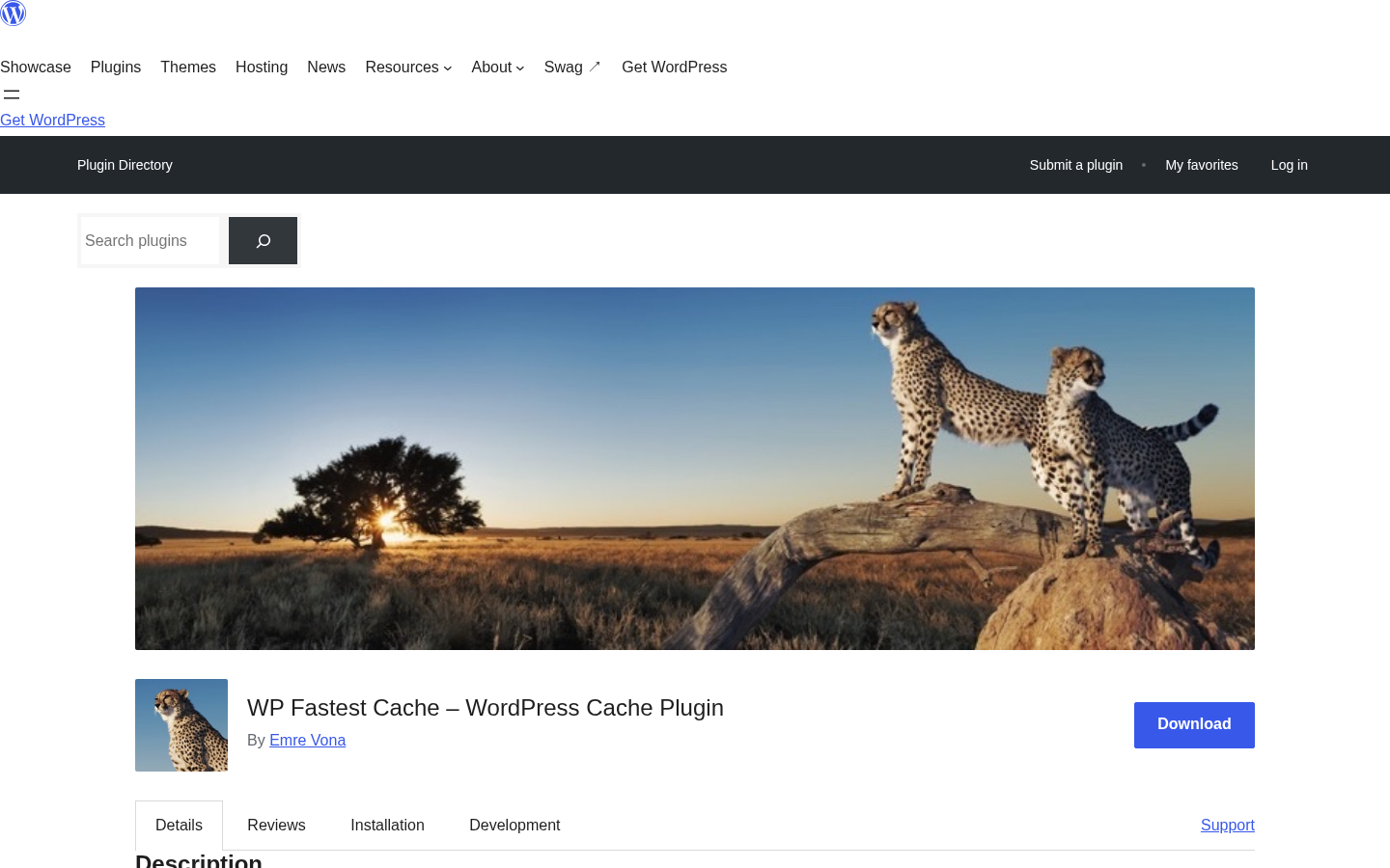 WP Fastest Cache plugin listing on WordPress.org showing the plugin title WP Fastest Cache WordPress Cache Plugin by Emre Vona, with the distinctive cheetah banner image and Download button.