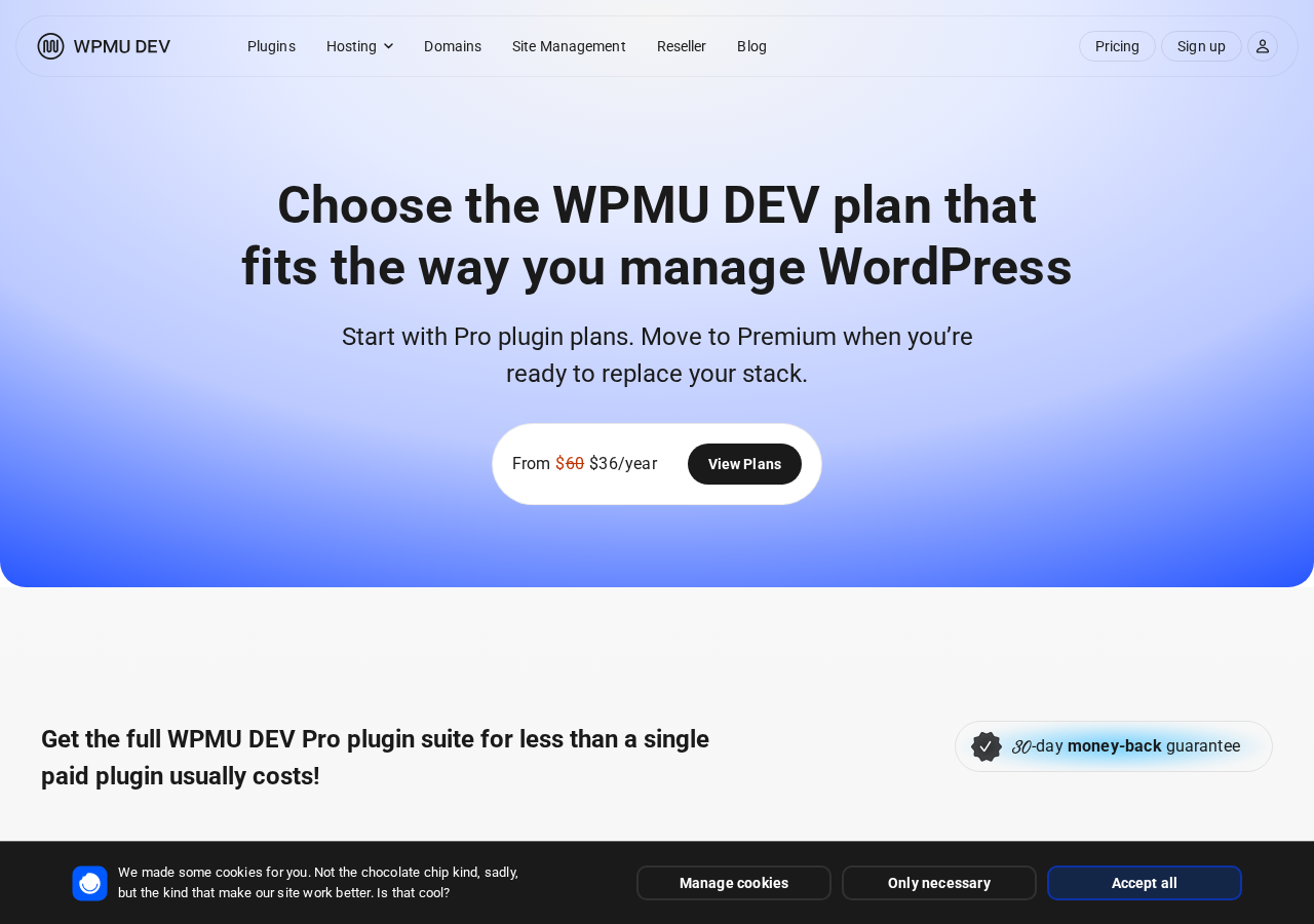 WPMU DEV pricing page showing Pro plan cards: Pro Basic at 1 site, Pro Standard at 3 sites, Pro Plus at 10 sites, and Premium for unlimited sites, each listing Hummingbird Pro and all other WPMU DEV Pro plugins plus 119-point CDN
