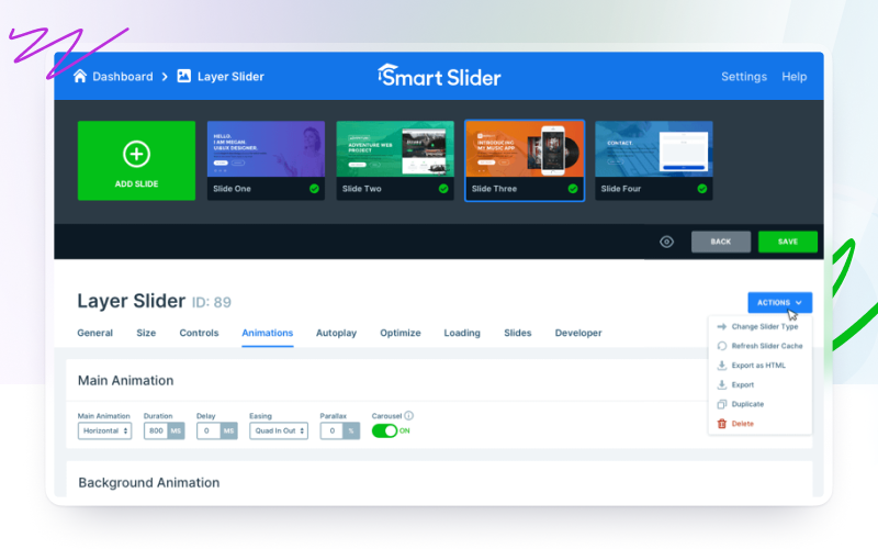 Smart Slider 3 settings and slider management screen