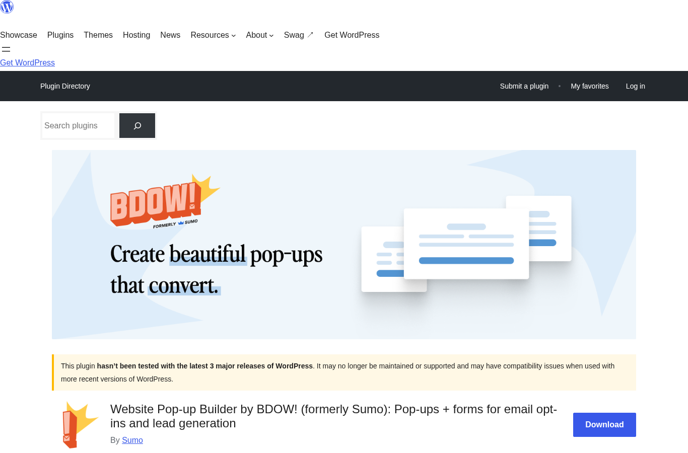 WordPress.org listing for Website Pop-up Builder by BDOW formerly Sumo