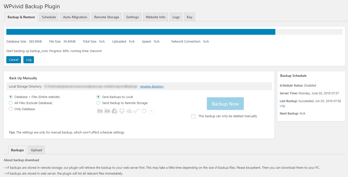 WPvivid Backup panel in the WordPress admin dashboard showing the backup controls, recent backup list, and cloud storage configuration options