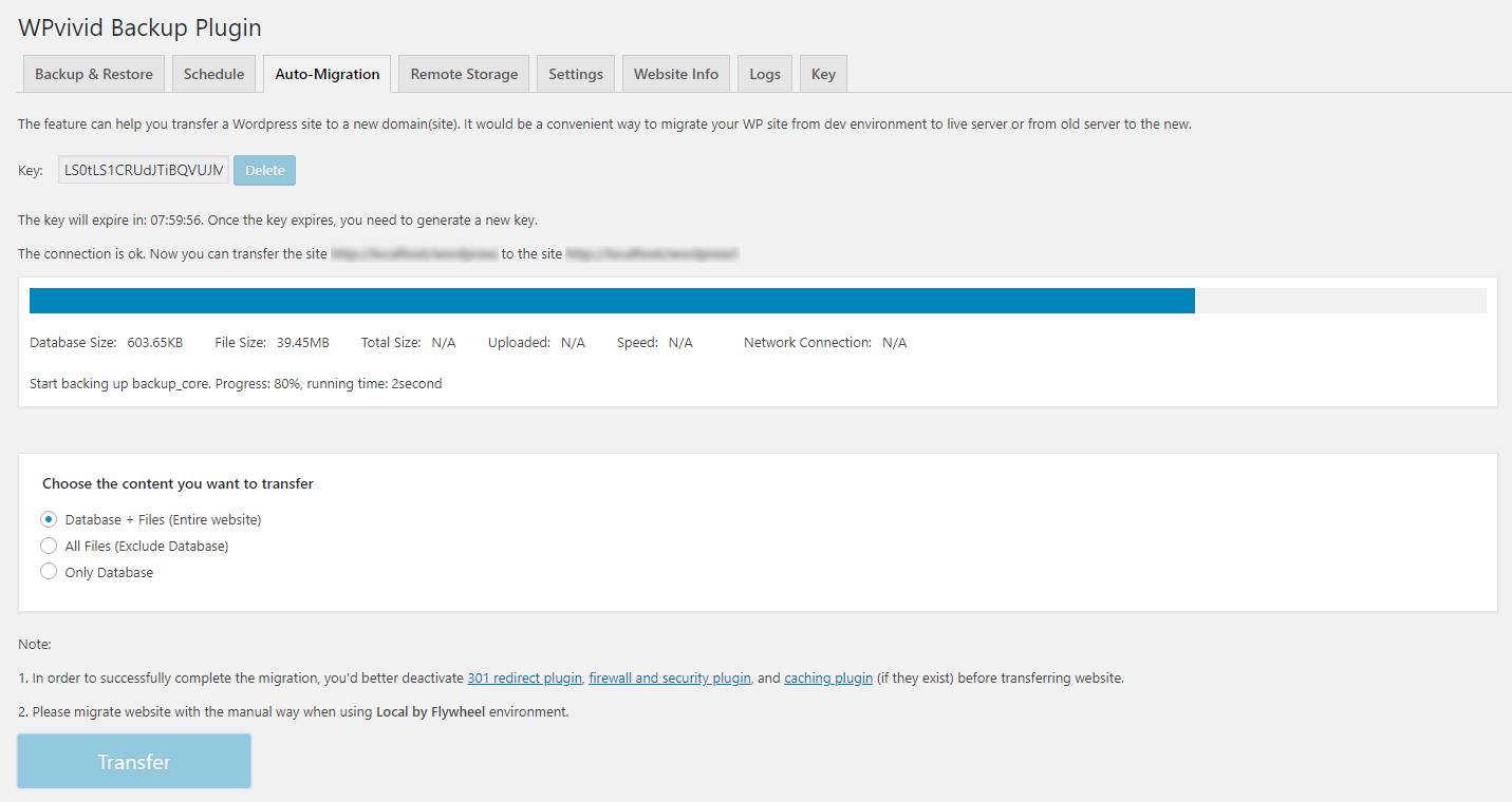 WPvivid Migration tab showing the export workflow for migrating a WordPress site to a new domain or host