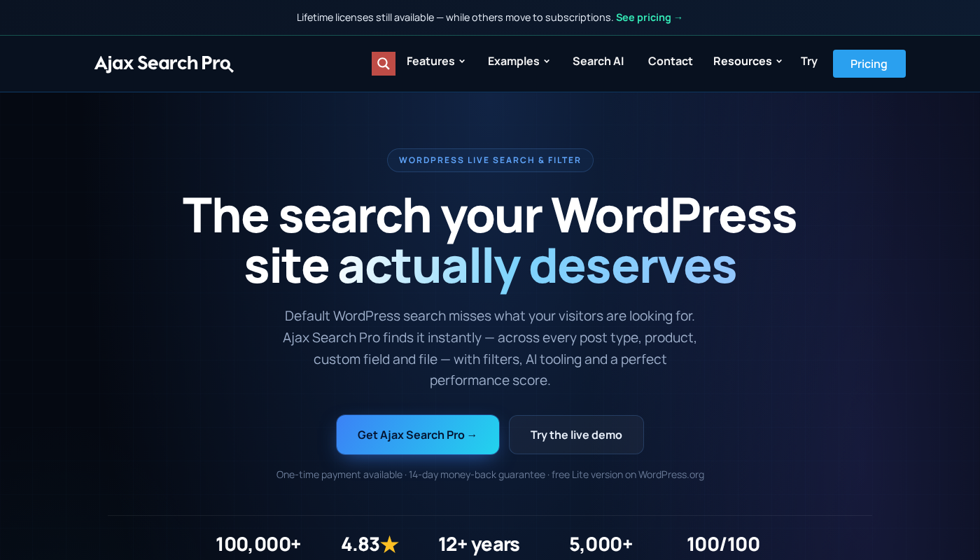 Ajax Search Pro homepage at ajaxsearchpro.com showing the headline and live search demo