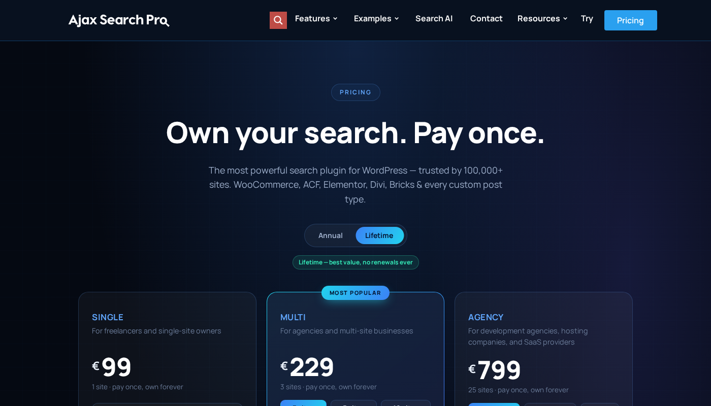 Ajax Search Pro pricing page showing Annual and Lifetime plan options for Single, Multi, and Agency tiers