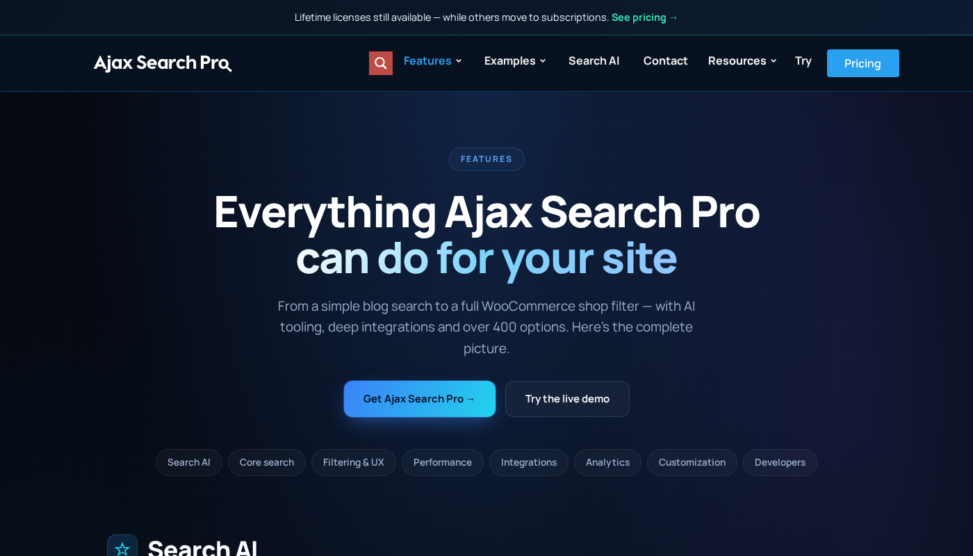 Ajax Search Pro features page showing search capabilities and filter options
