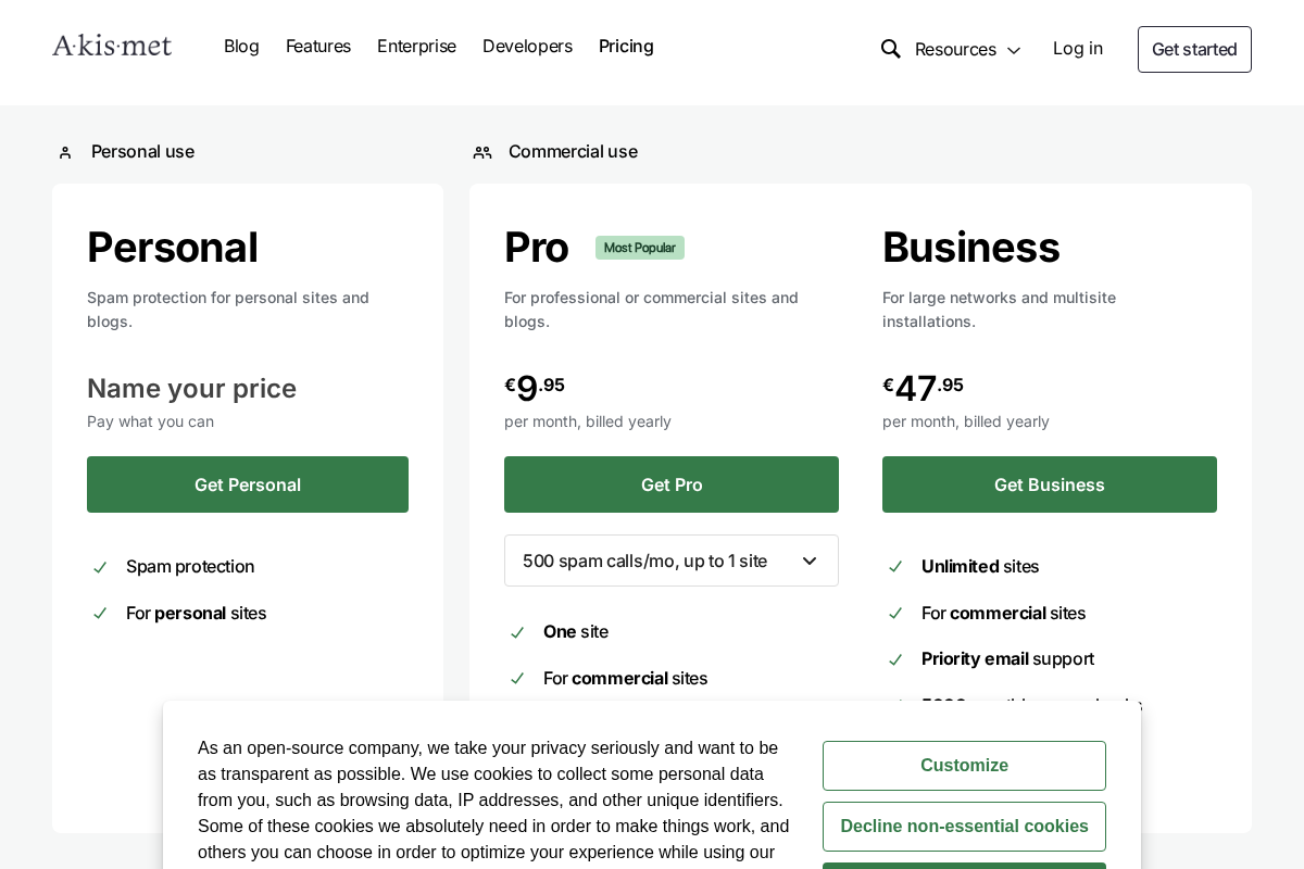 Akismet pricing page on akismet.com showing the Personal free plan, Pro commercial plan, and Business unlimited sites plan with prices