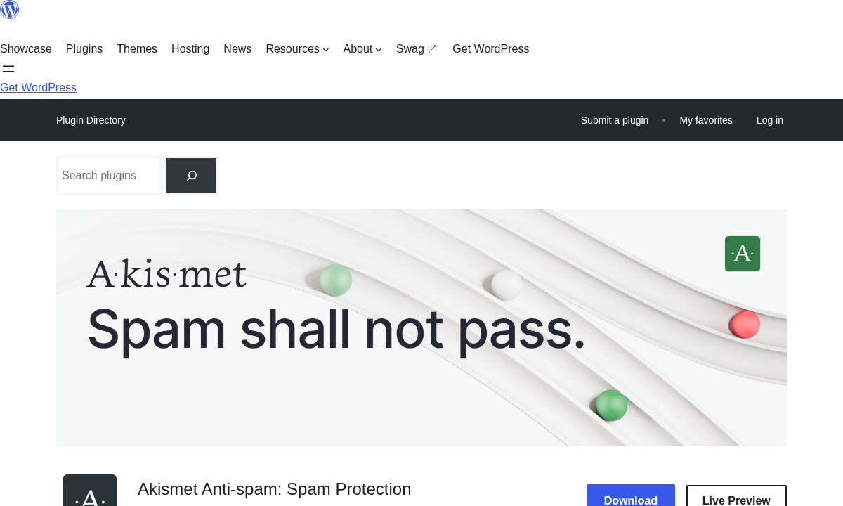 Akismet Anti-spam plugin on WordPress.org showing 5 million plus active installs, 4.7-star rating from 1186 reviews, version 5.7.2 updated August 2026, and tested to WordPress 7.1