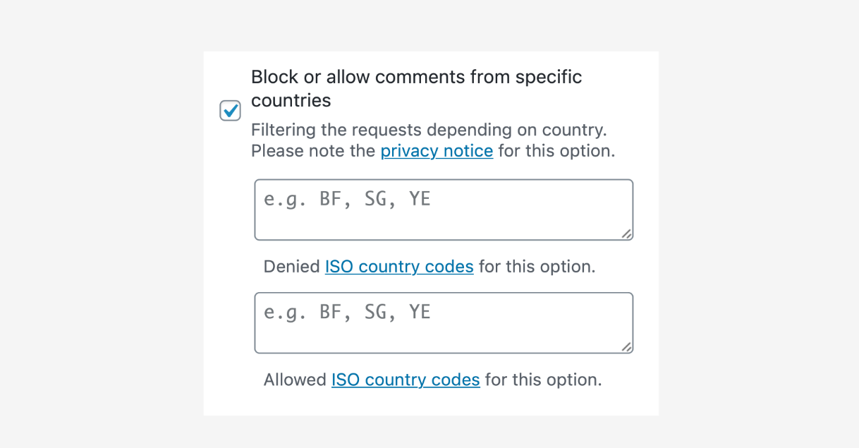 Country-based filtering in Antispam Bee, showing the allowlist and blocklist settings for restricting or permitting comments from specific countries by ISO country code.