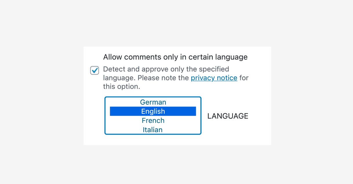 Language filtering settings in Antispam Bee, showing the interface for selecting the languages in which comments are allowed.