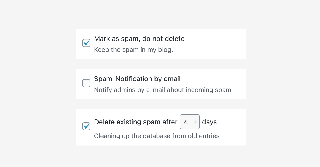 Antispam Bee settings panel showing the spam detection method checkboxes, including honeypot, gravatar validation, approved commenter trust, comment timing, and BBCode detection options.
