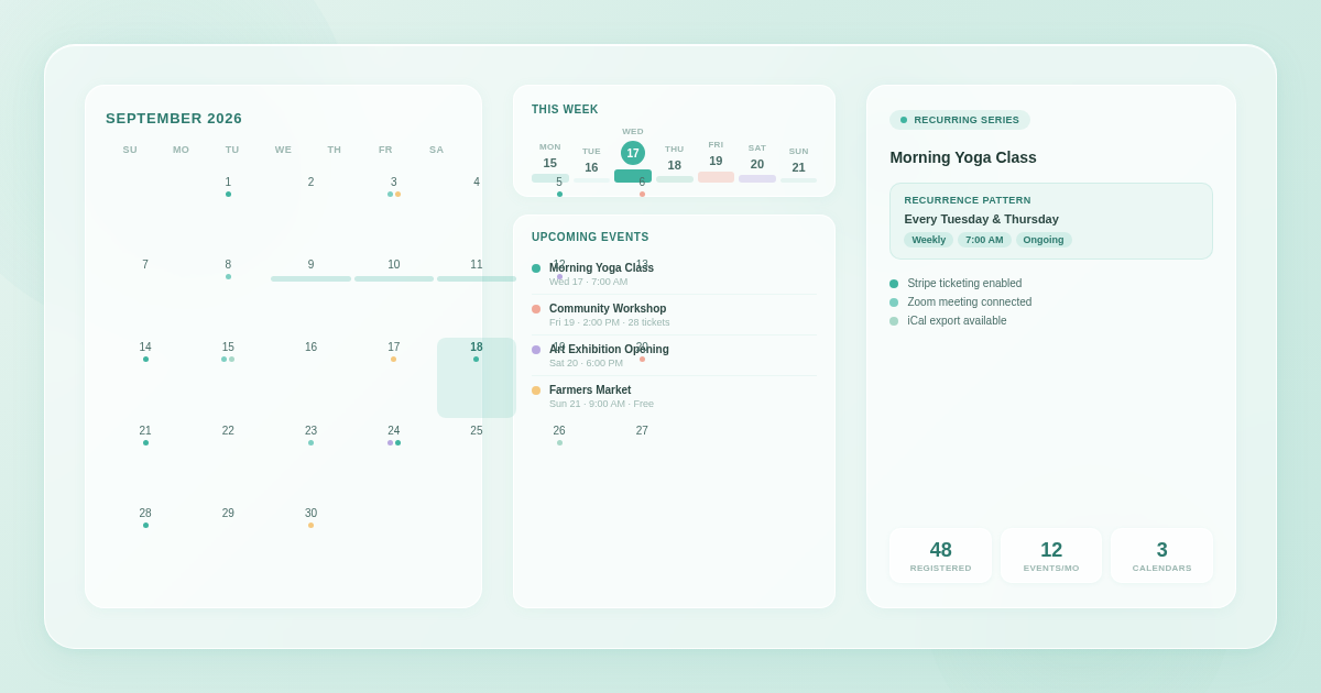 Sugar Calendar Review 2026 - WordPress event calendar plugin featured banner showing glassmorphism calendar layout with teal mint palette