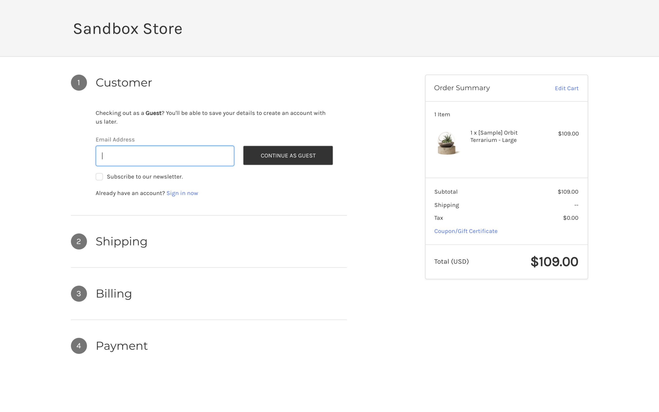 BigCommerce embedded checkout experience rendered inside a WordPress page, showing a clean multi-step checkout form with billing details, shipping method, and payment fields