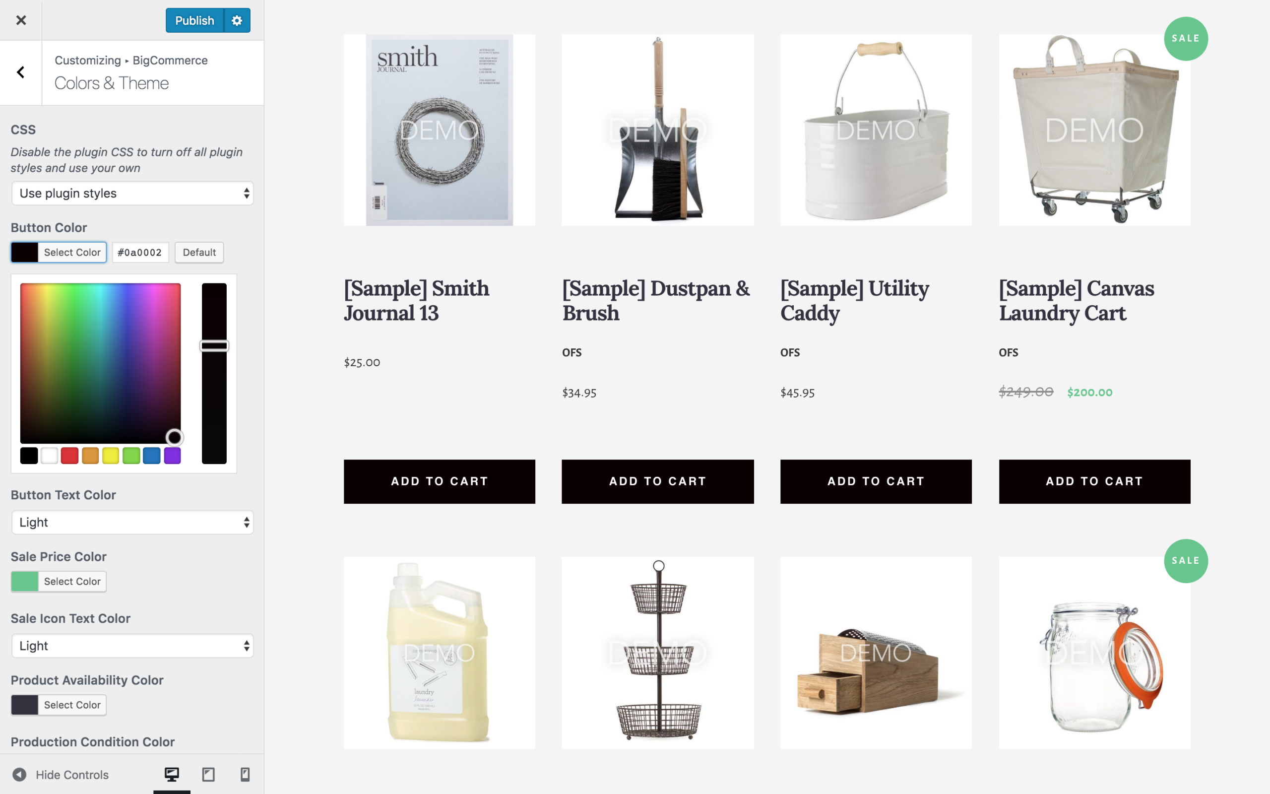 WordPress Customizer panel showing BigCommerce storefront settings including product grid columns, layout controls, and theme integration options