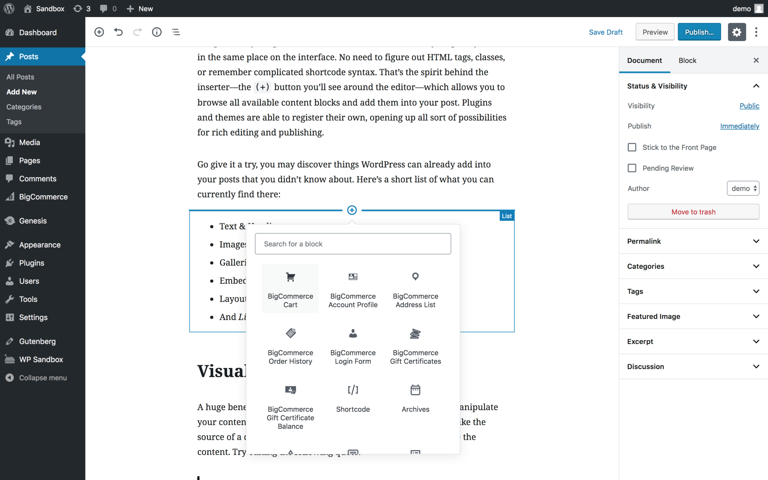 BigCommerce Gutenberg block shown in the WordPress block editor, allowing editors to embed product listings or individual products directly inside WordPress posts and pages