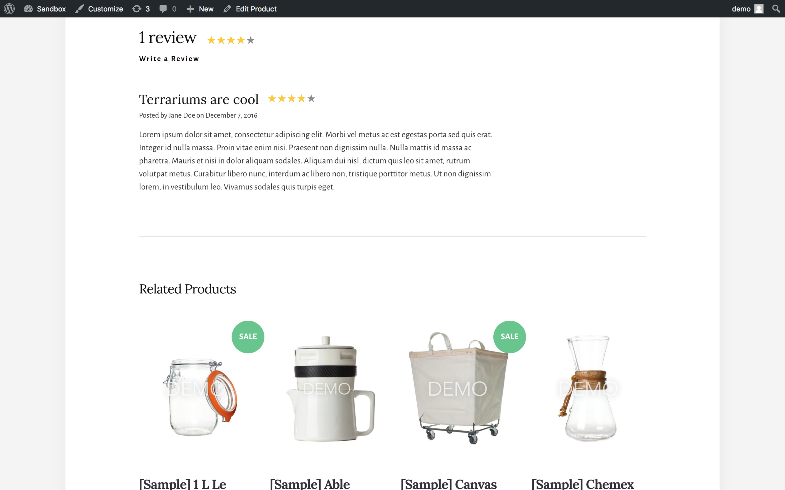 Individual product page generated by BigCommerce for WordPress showing product description, pricing, variant selectors, user reviews section, and related products below the main content