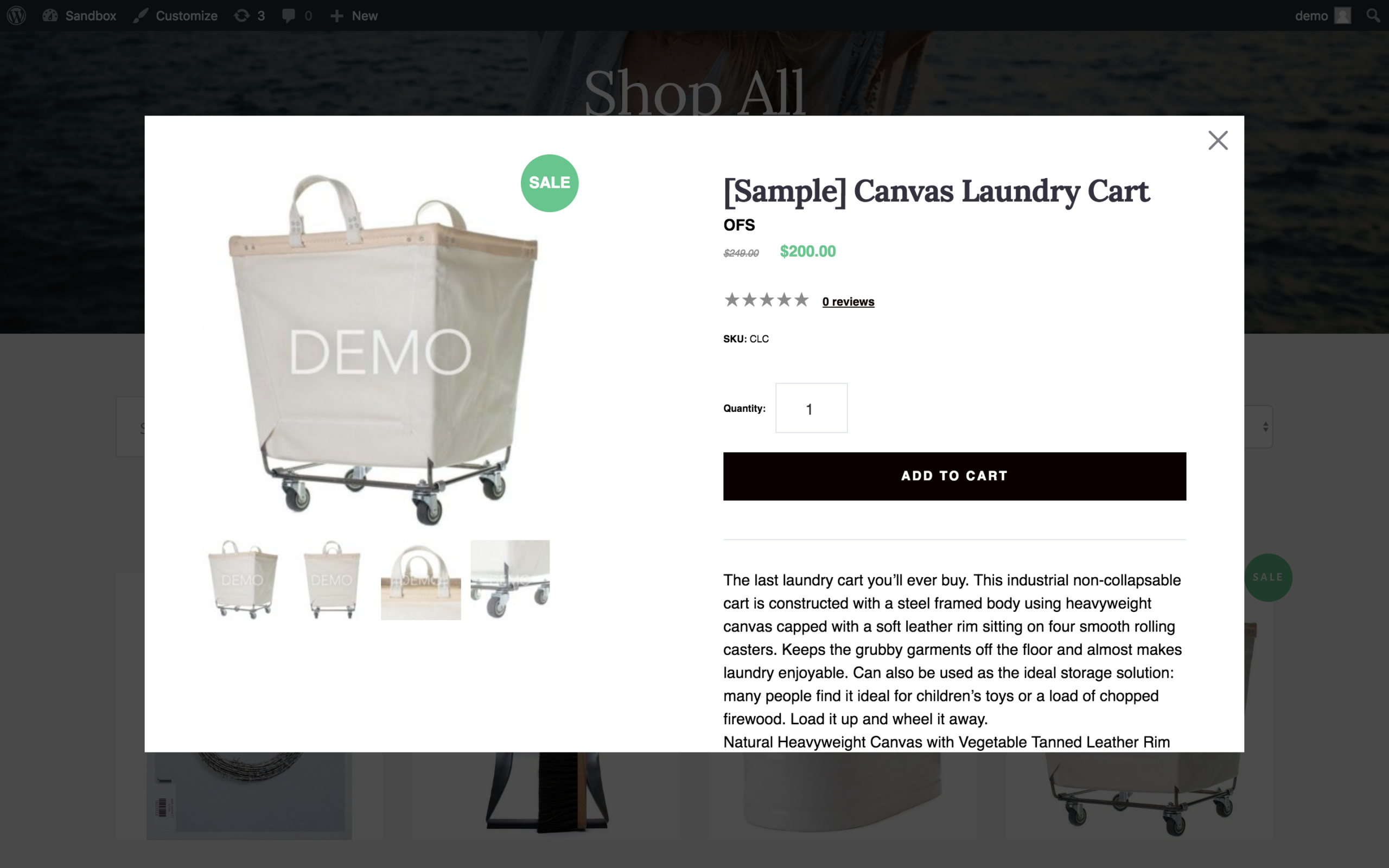 BigCommerce for WordPress product Quick View modal showing product image, name, pricing, and an add-to-cart button displayed as an overlay on a WordPress product listing page