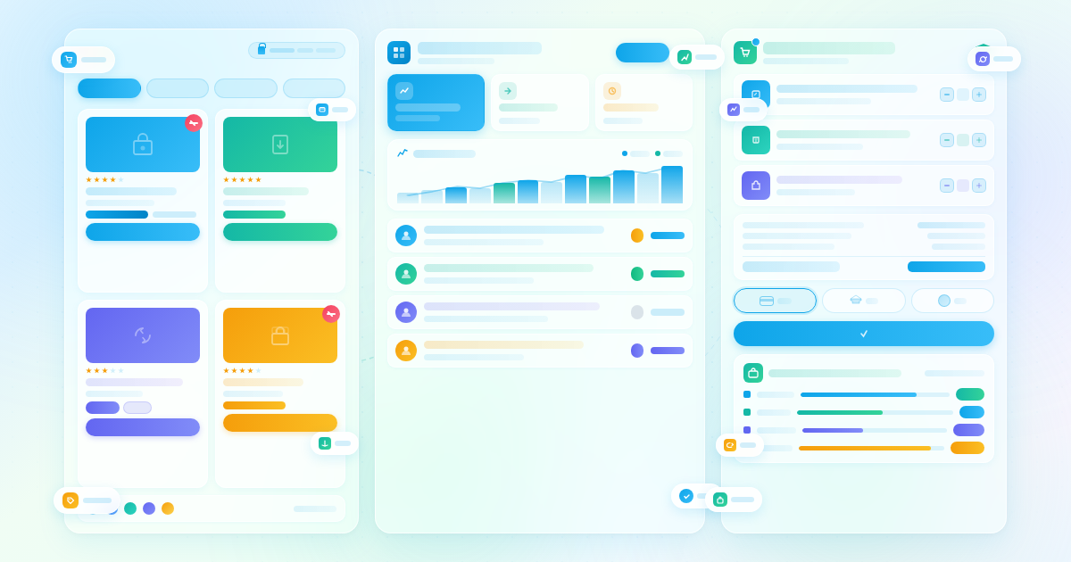 BigCommerce for WordPress review featured banner showing a WordPress product storefront connected to a commerce admin dashboard and checkout experience in a light glassmorphism style