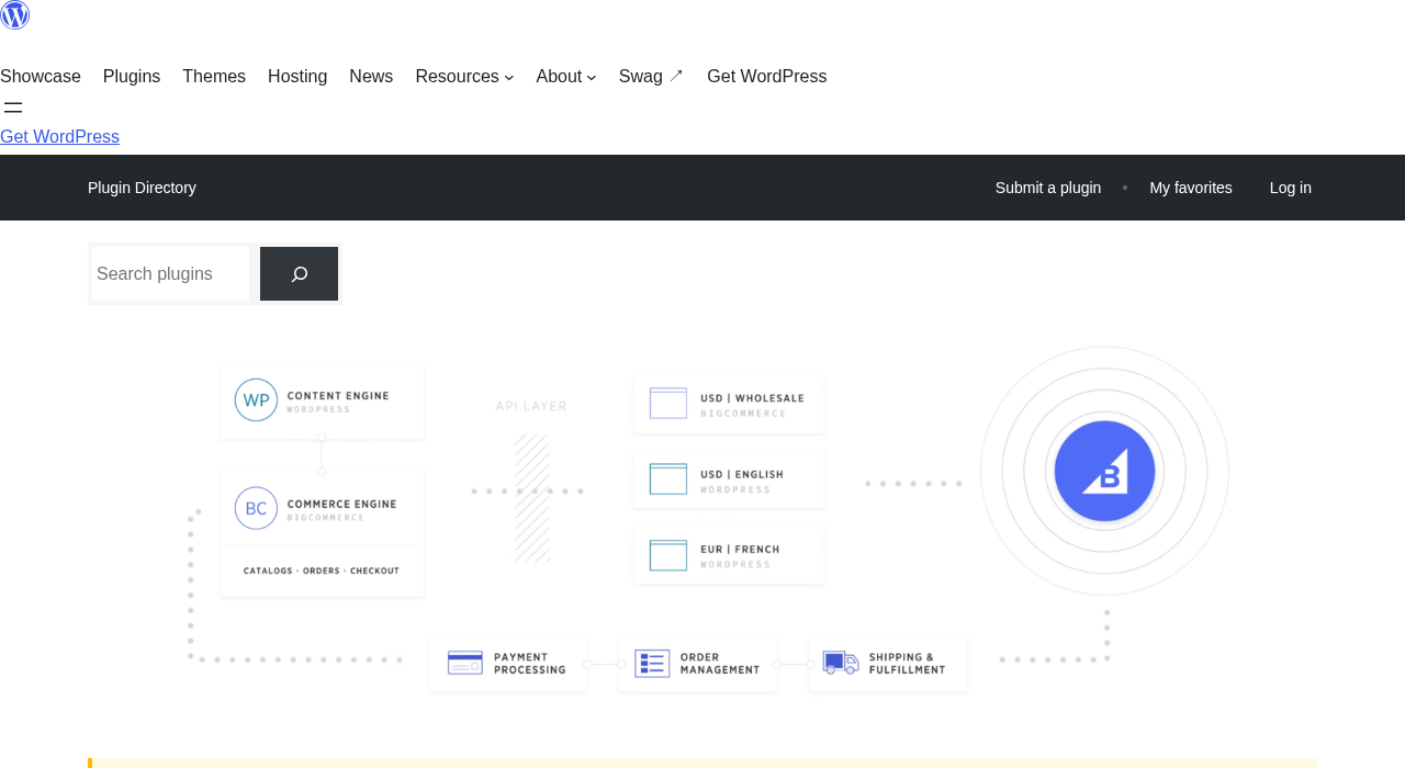 WordPress.org plugin listing for BigCommerce for WordPress showing version 5.1.2, 200-plus active installations, a 3.9 out of 5 rating, and a compatibility warning noting the plugin has not been tested with the latest three major WordPress releases