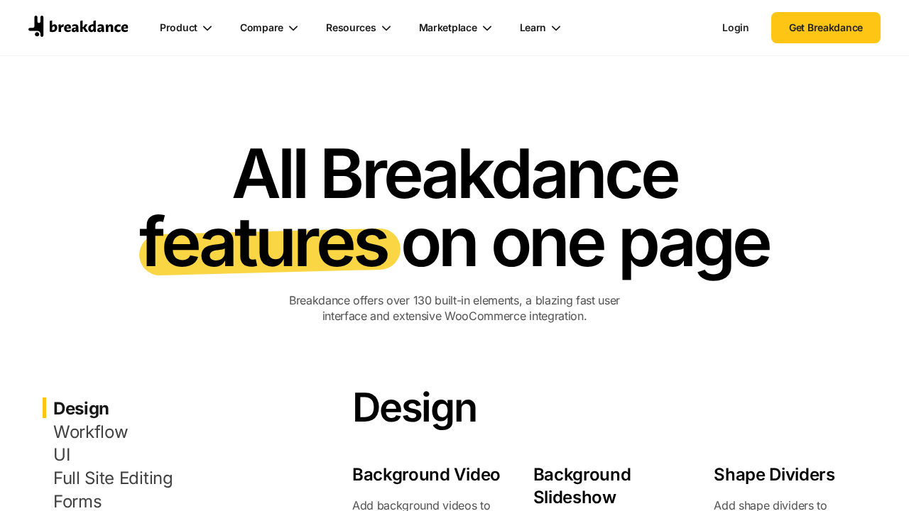 Breakdance builder editor interface showing the four-panel layout with the elements list on the left, a blank canvas in the center, the properties panel on the right, and device breakpoint controls in the top bar.