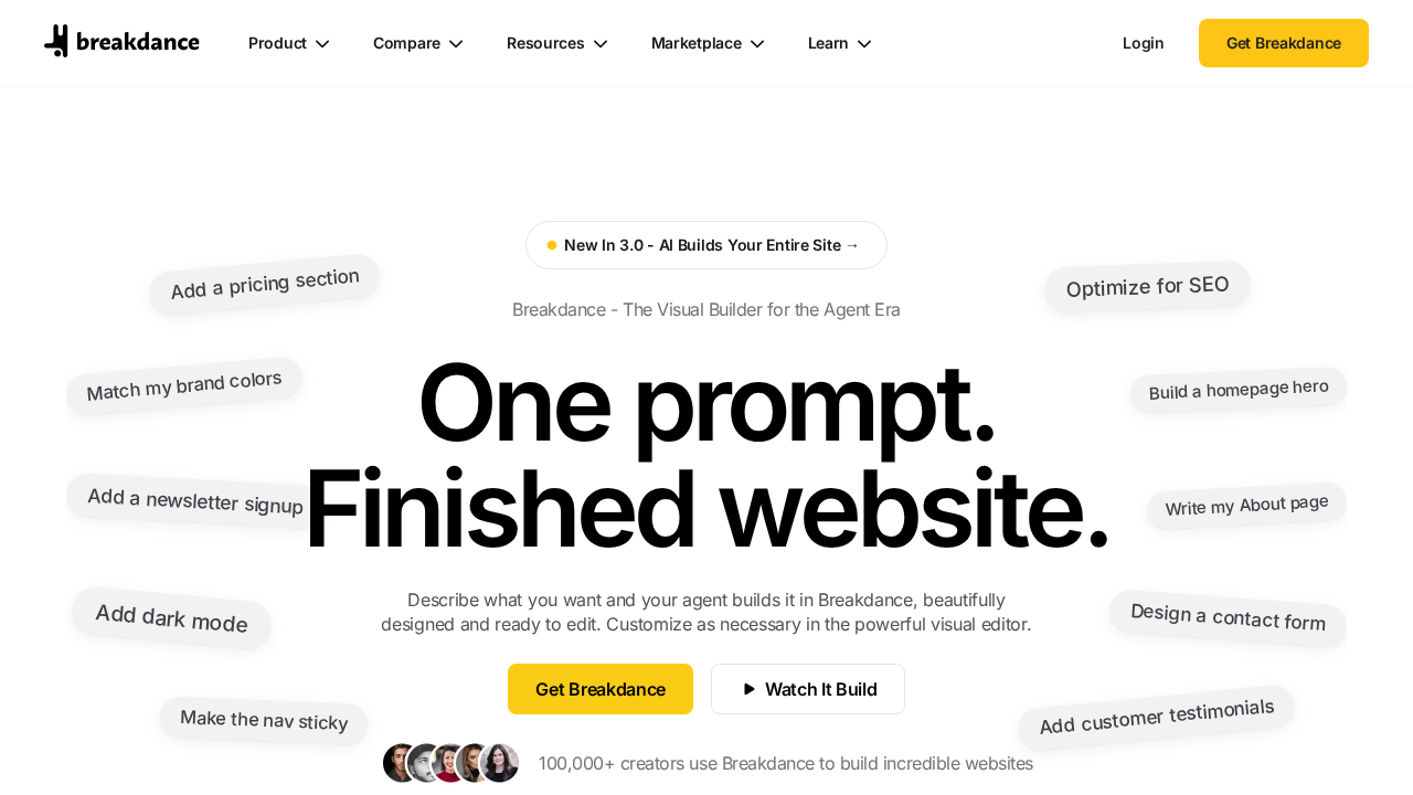 Breakdance homepage showing the visual builder interface with headline about building for the agent era, drag-and-drop editing tools, and the Get Breakdance Free call to action button.