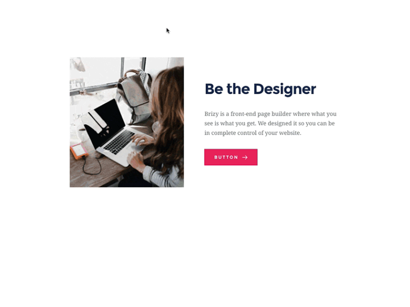 Brizy page builder editor canvas showing the contextual control bar appearing directly above a selected text element, with formatting options displayed inline rather than in a sidebar, and the clean drag-and-drop canvas behind