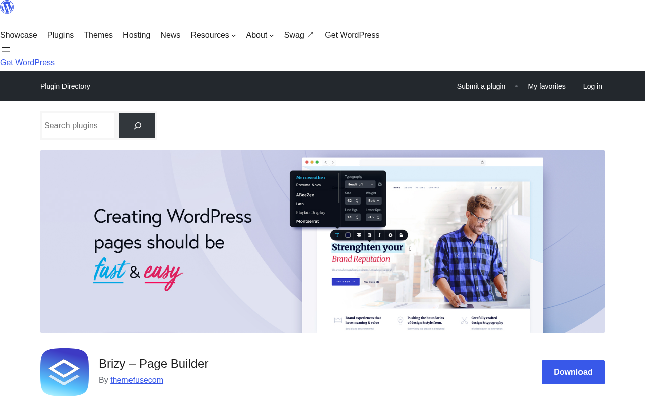 Brizy plugin listed on WordPress.org showing the plugin banner, name Brizy - Page Builder, 4.7-star rating from 969 reviews, 70,000 active installations, the Download button, and the last updated date of August 24, 2026