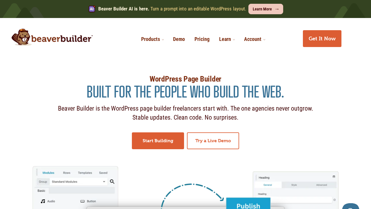 Beaver Builder front-end editor showing the modules panel open on the right side with Basic modules displayed and the live page canvas in editing mode on the left