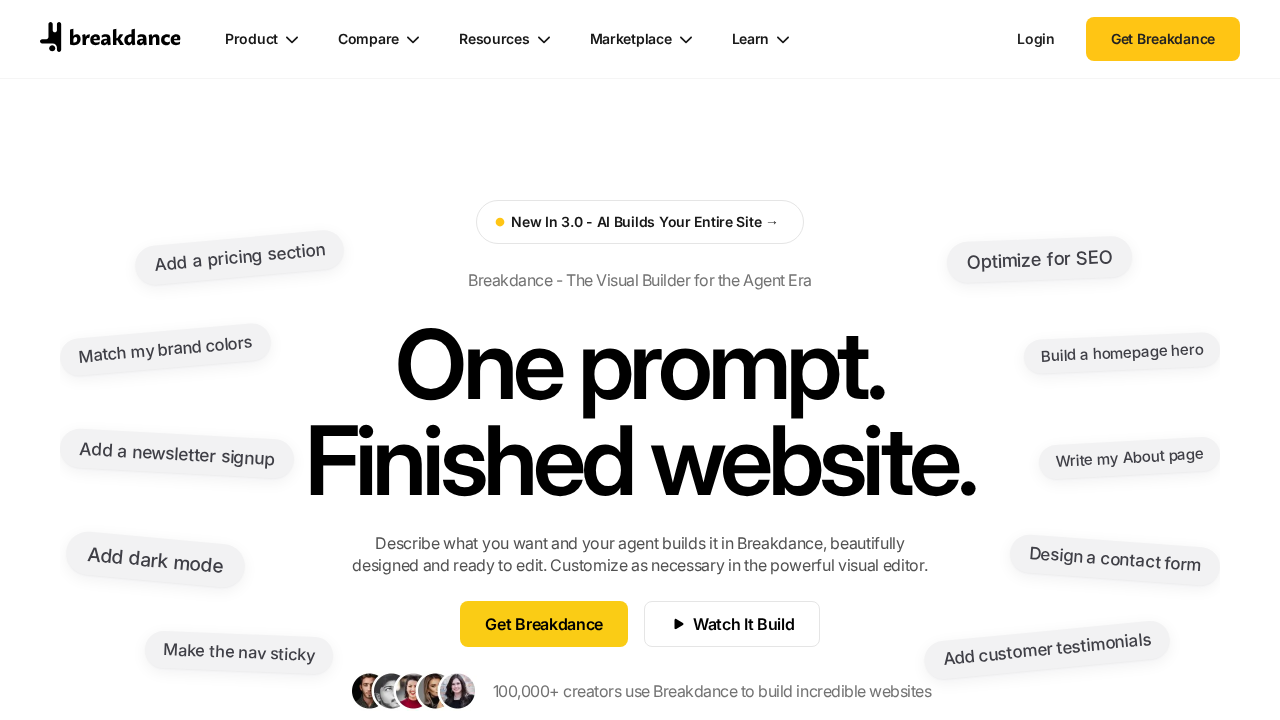 Breakdance page builder editor showing the four-panel layout with elements panel on the left, live page canvas in center, and property controls on the right