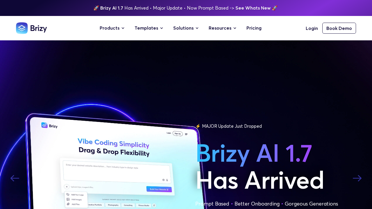 Brizy page builder contextual editing interface showing controls appearing directly near a selected text element on the canvas, without a persistent sidebar visible