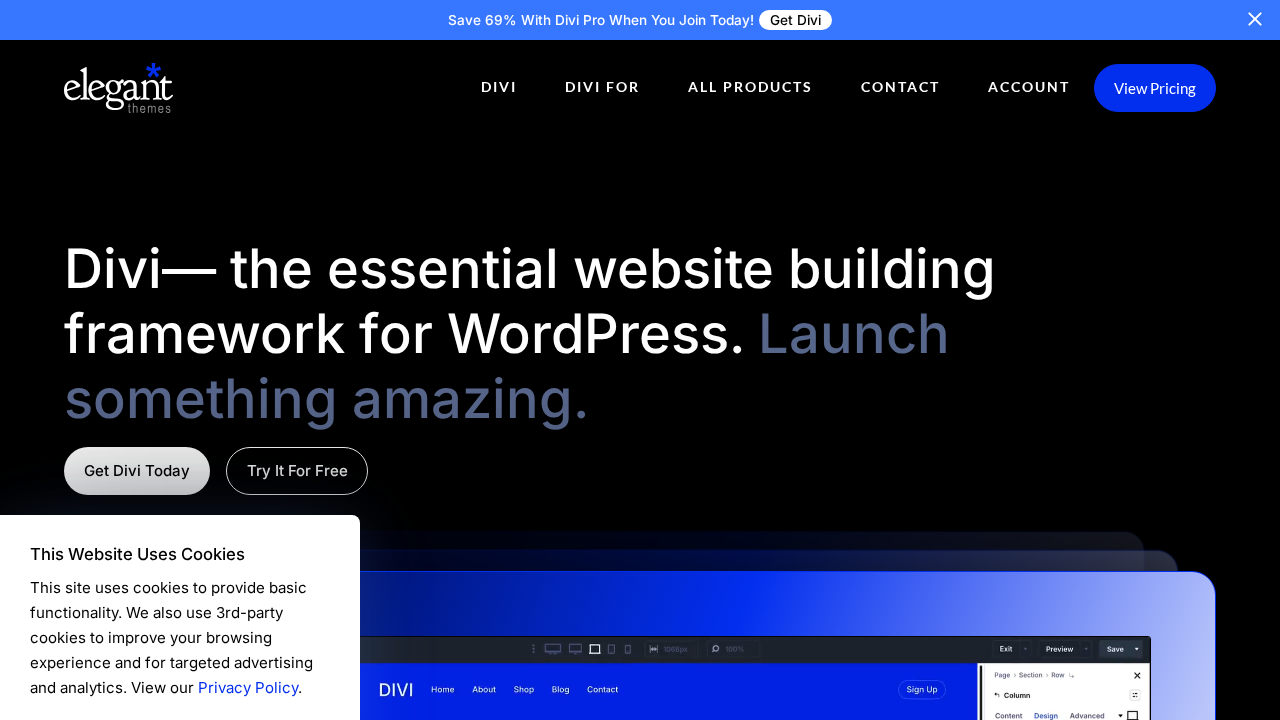 Divi Builder Plugin official page showing the visual builder interface and Elegant Themes branding with the builder canvas demonstrating the front-end editing experience
