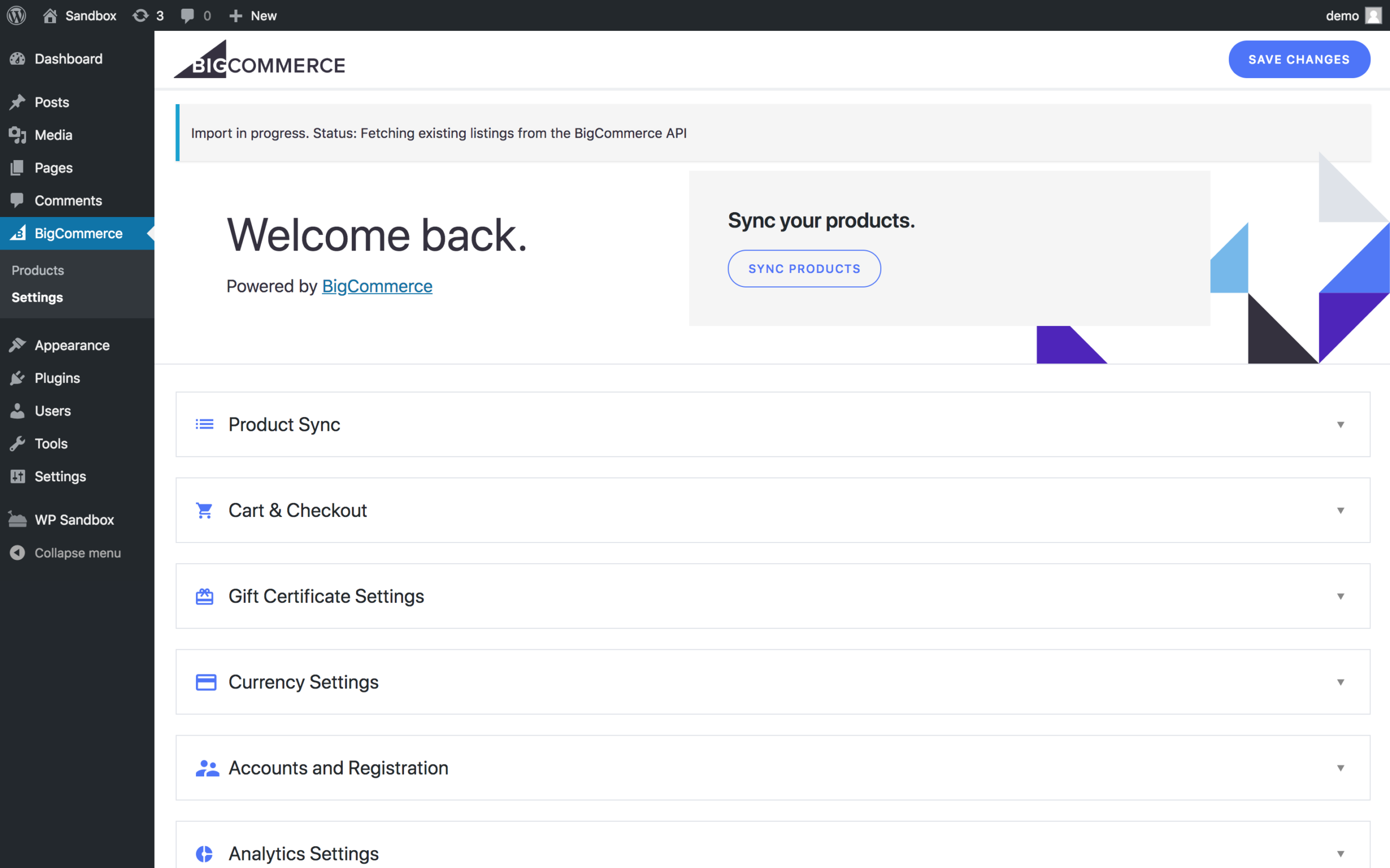BigCommerce for WordPress plugin settings in WordPress admin showing account connection and channel configuration