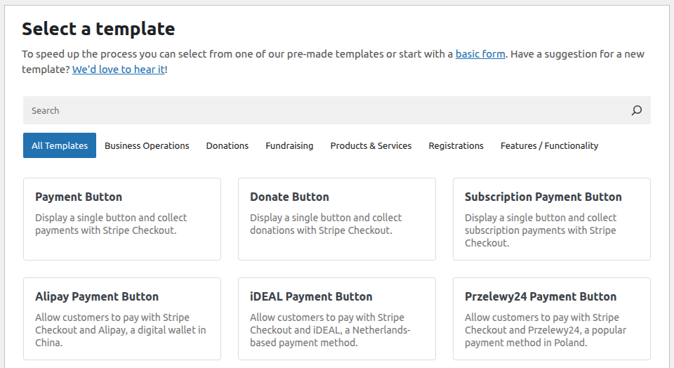 WP Simple Pay payment form builder in WordPress admin showing the form editor with Stripe fields and payment settings