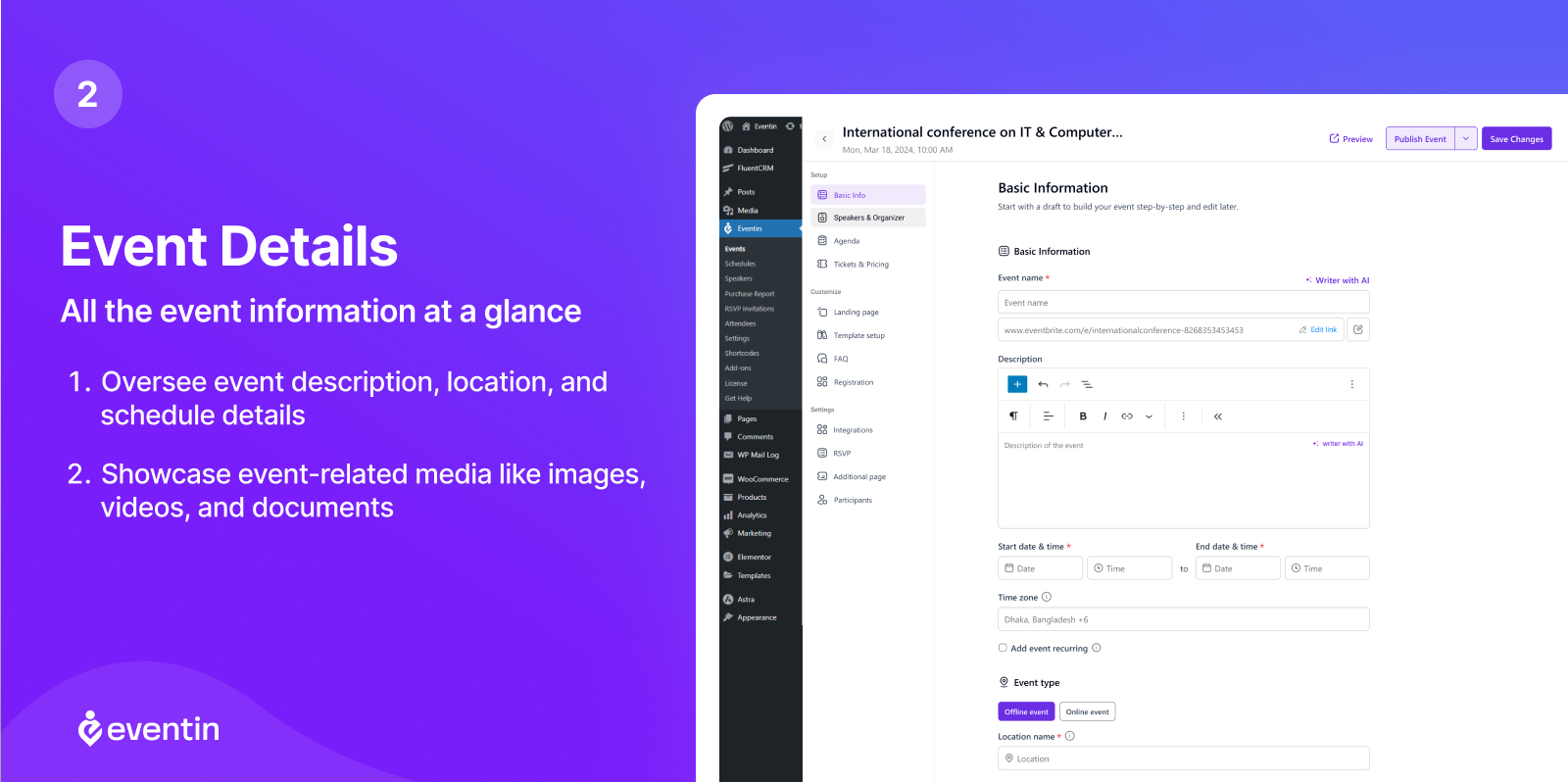 Eventin event details page showing event title, date, ticket pricing tiers, speaker profiles, session schedule, and a registration form with quantity selector
