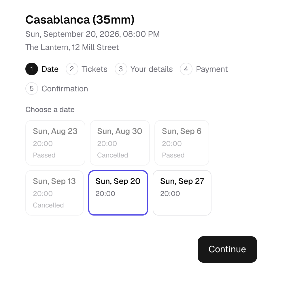 Eventnetic front-end booking flow showing the date-selection step for a recurring cinema screening, with past, cancelled, and available dates listed and a five-step Date, Tickets, Your details, Payment, Confirmation checkout