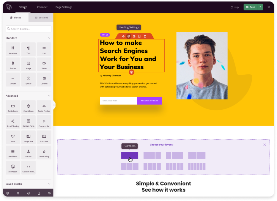 SeedProd drag-and-drop landing page builder showing the elements panel on the left and the page canvas on the right with a landing page template and responsive editing controls