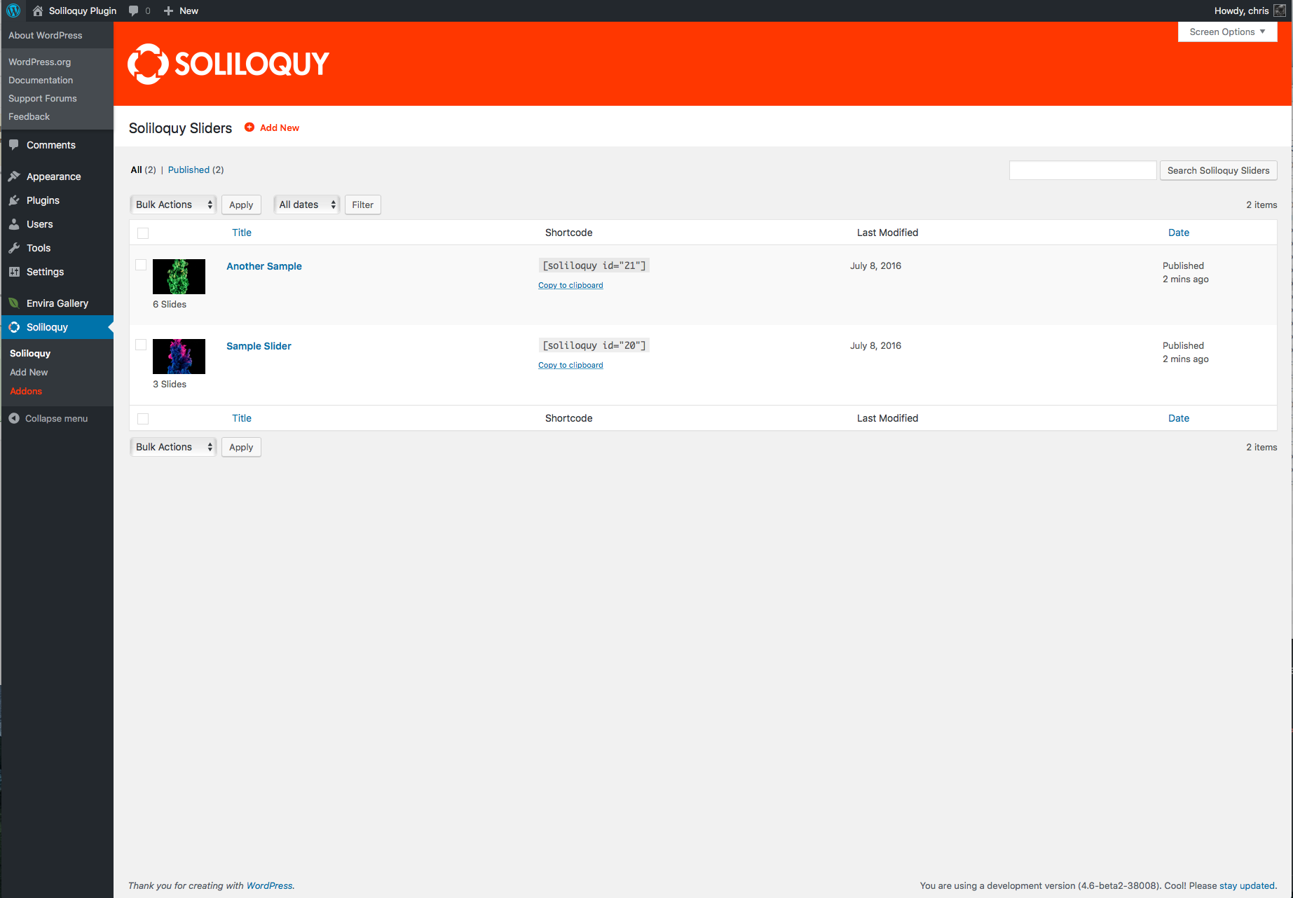 Soliloquy drag-and-drop slider builder showing the slide manager with image thumbnails and slide settings panel