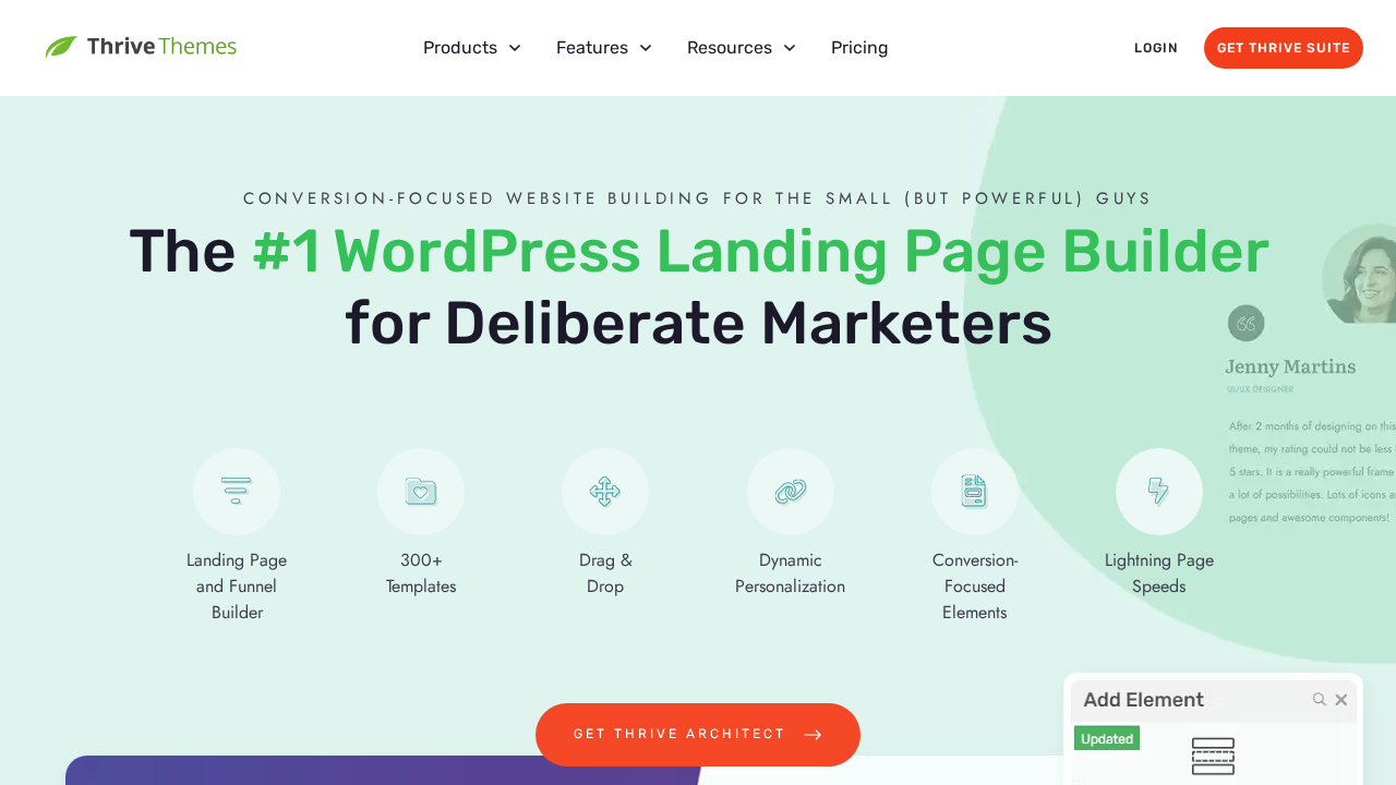 Thrive Architect conversion-focused page builder showing the front-end visual editor with the element panel on the left and the page canvas displaying a landing page template