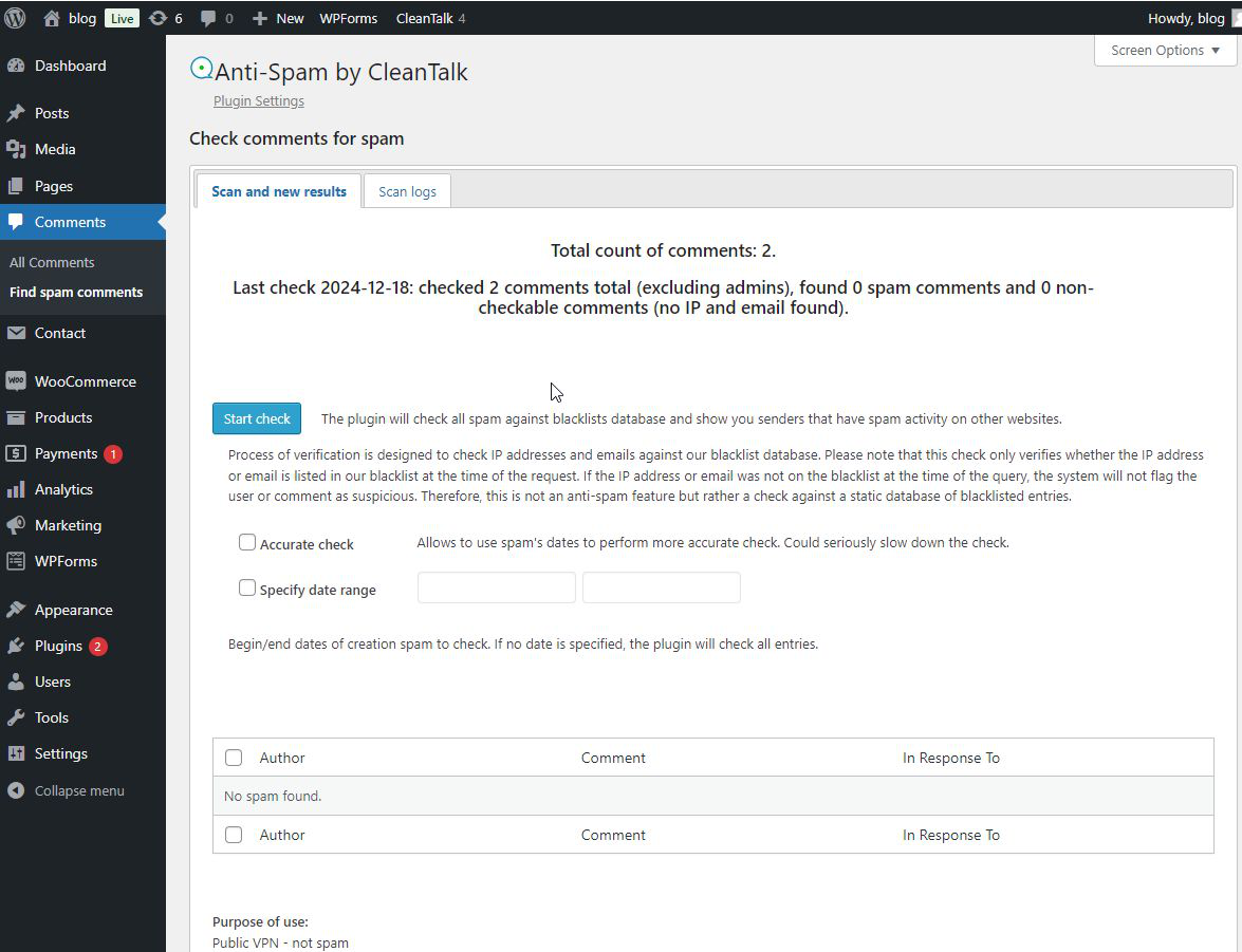 CleanTalk Anti-Spam Check comments for spam admin screen inside WordPress, showing the scan results interface with a Start check button, options for accurate check and date range, and a results table showing No spam found.