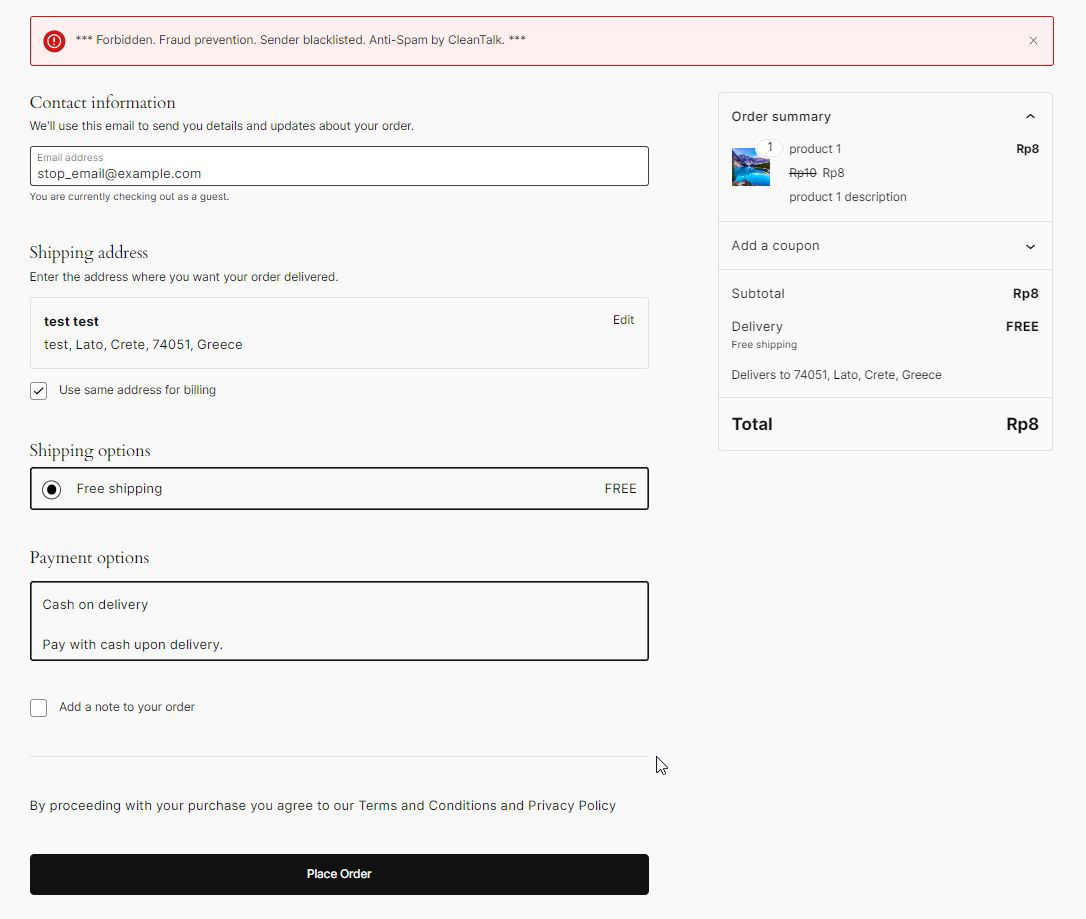 WooCommerce checkout page showing a CleanTalk fraud prevention block: a red error banner reading Forbidden. Fraud prevention. Sender blacklisted. Anti-Spam by CleanTalk, displayed above the Contact information field.