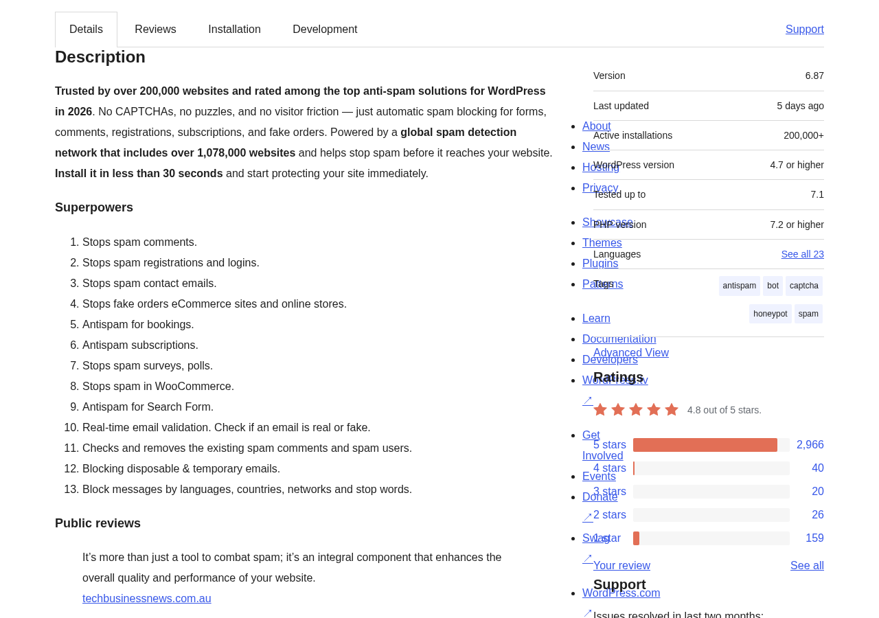 CleanTalk Anti-Spam plugin WordPress.org listing showing version 6.87, 200,000+ active installations, 4.8 out of 5 stars from 3,211 reviews, tested to WordPress 7.1, and the plugin Superpowers list covering comments, registrations, WooCommerce, and contact forms.