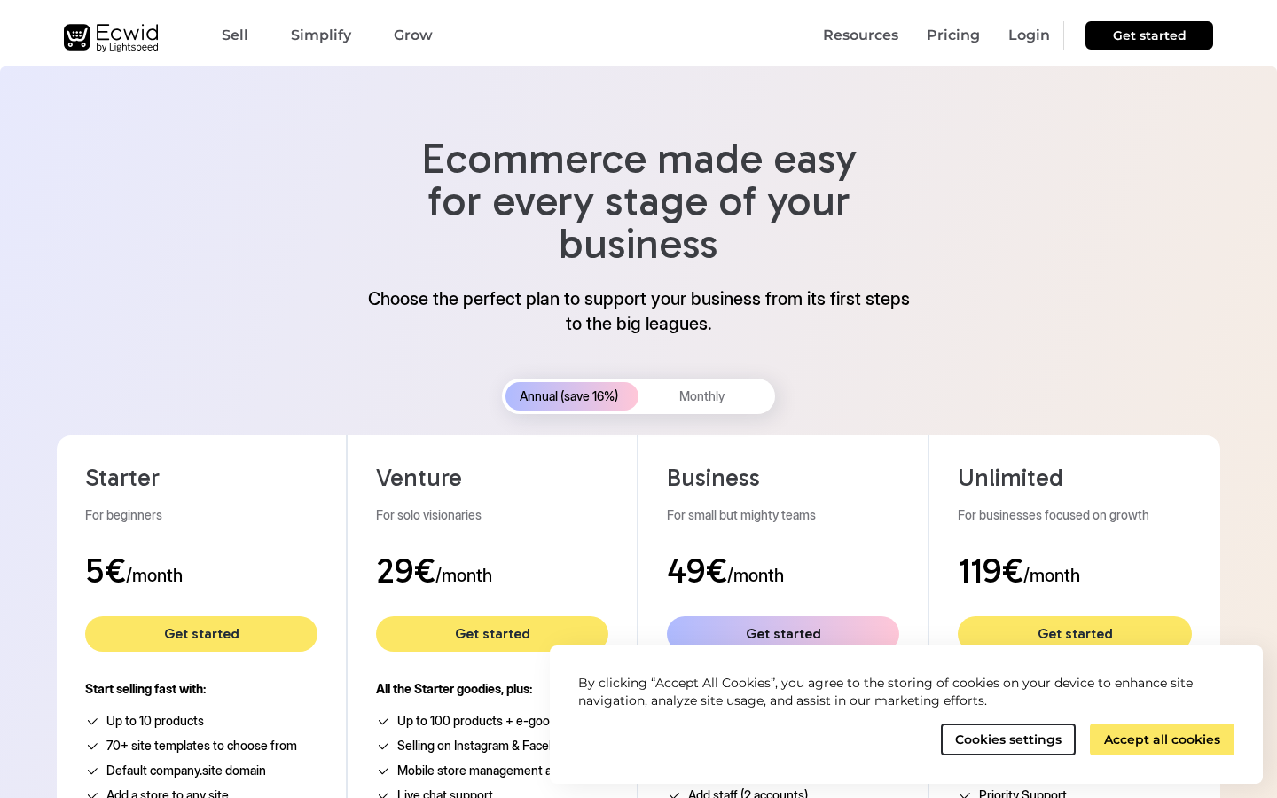 Ecwid pricing page at ecwid.com/pricing showing four plan tiers: Starter at $5 per month, Venture at $29 per month annual, Business at $49 per month annual, and Unlimited at $119 per month annual, with product limits and key feature differences per tier