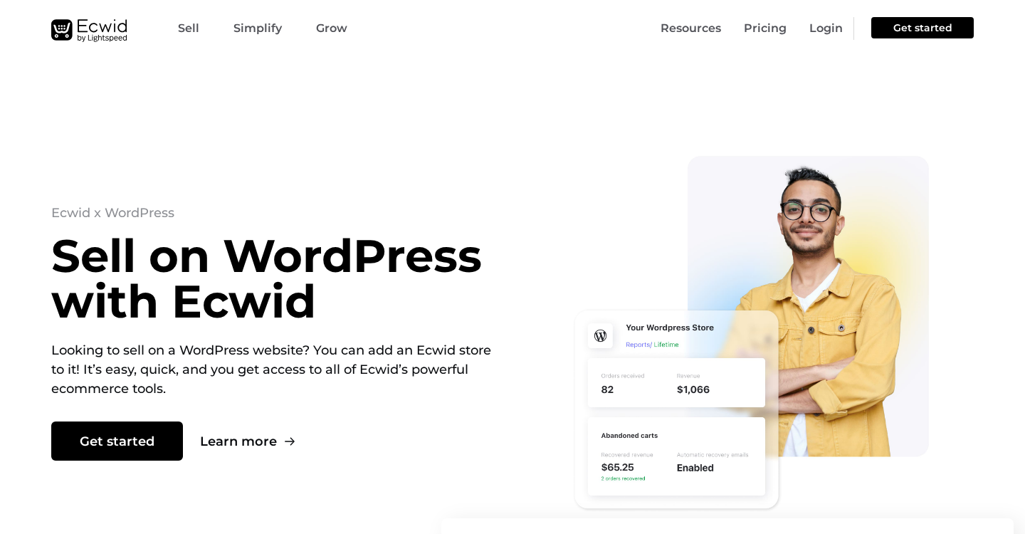 Ecwid’s WordPress integration page at ecwid.com/wordpress-ecommerce showing the headline and key value propositions for adding an Ecwid store to a WordPress site