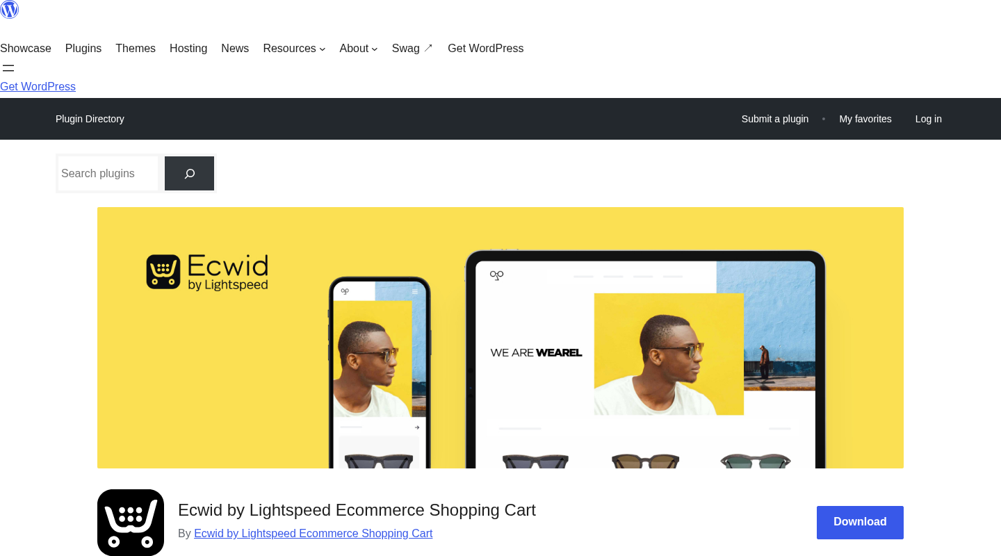 Ecwid Ecommerce Shopping Cart plugin listing on WordPress.org showing version 7.0.9, last updated August 8, 2026, 20,000-plus active installations, and a 4.5-out-of-5-star rating from 228 reviews, with a description noting support for 175 countries, 45 languages, and 70-plus payment integrations