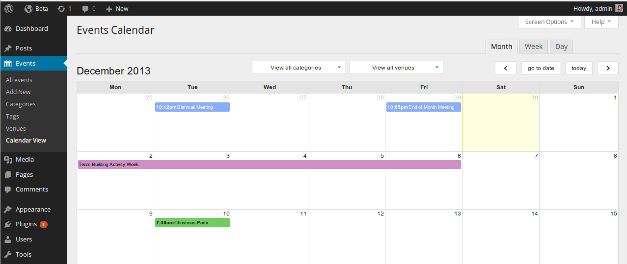 Event Organiser calendar view in the WordPress admin showing a monthly calendar grid with events displayed in different category colors