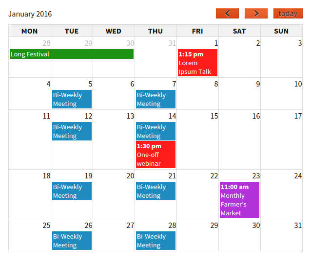 Event Organiser calendar shortcode embedded on a WordPress page showing a month-grid calendar with colored event bars on their dates and a category legend