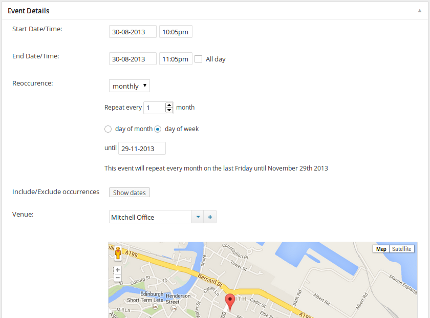 Event Organiser Event Details metabox in the WordPress post editor showing date and time pickers, recurrence dropdown set to Monthly, and Venue selector